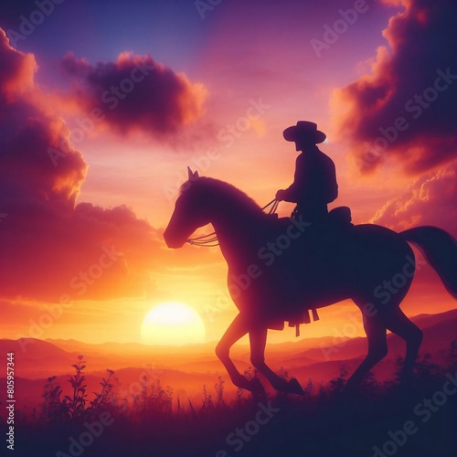 silhouette of a cowboy riding into the sunset © kapatata