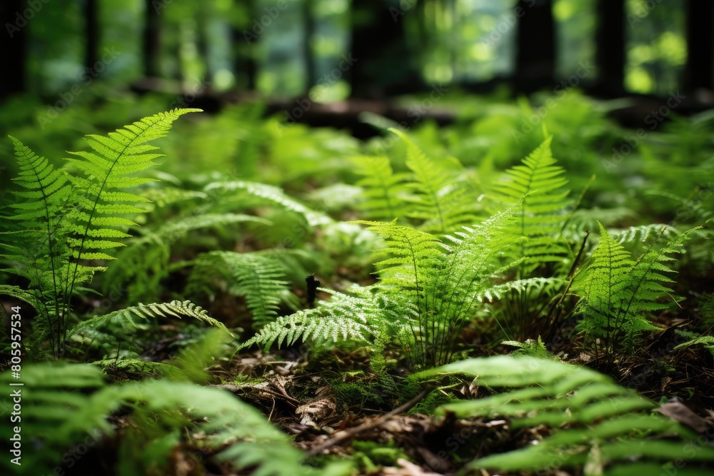 Ferns with a blurred background of a forest floor.