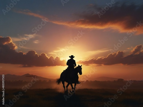 silhouette of a cowboy riding into the sunset © kapatata