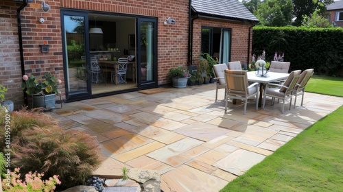 Beautiful indian sandstone patio with attractive garden and bifold doors.
