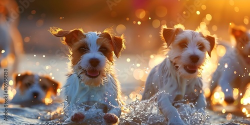 Jack Russell Terriers having fun playing on the beach at sunset, splashing in the water. Concept Pets, Beach, Sunset, Playful, Jack Russell Terriers