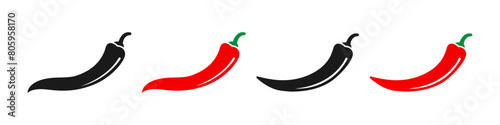 Chili pepper icons set. Spicy chili hot pepper. Red and black symbol. Vector illustration