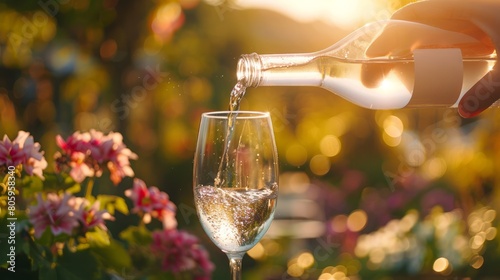 Close-up of a hand pouring water from a transparent PET bottle with a blank label into a wine glass, set against the backdrop of a garden bathed in evening sunlight photo