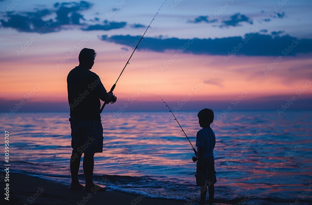 Father and son were fishing on the beach at sunset 
