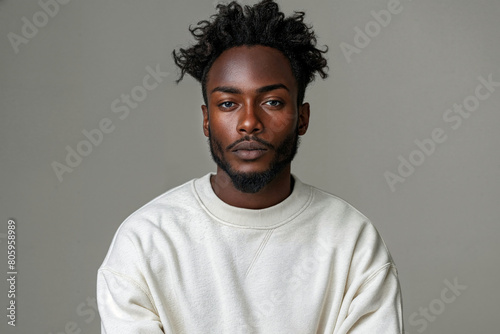 Black man with dreadlocks wearing a white sweatshirt against a plain background, copy space photo
