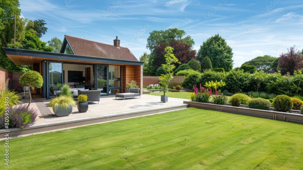 View through open bifold doors of attractive garden on a summer evening with lighting View through open bifold doors of attractive garden on a summer evening with lighting