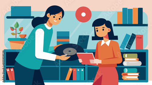 A young woman eagerly watches as her mentor shows her how to properly clean and maintain her record collection. Vector illustration