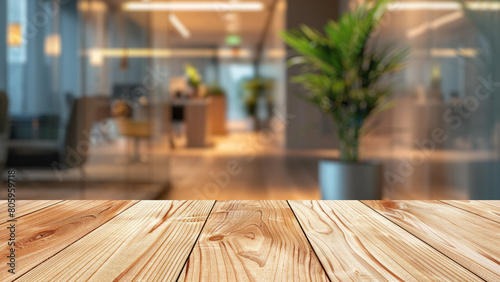 Wooden table, blurred office setting for marketing.
