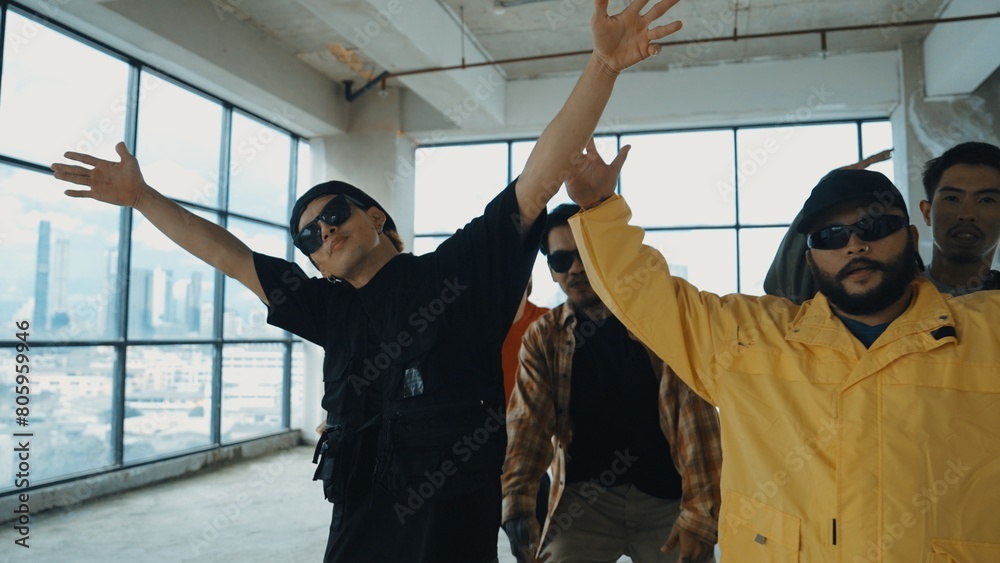 Closeup image of multicultural energetic hipster group dance together ...