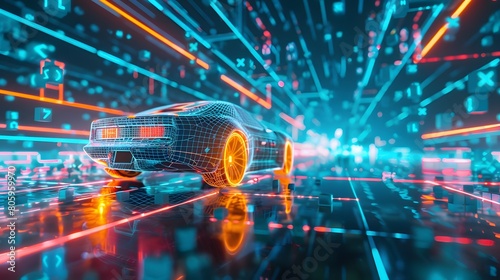 A futuristic wireframe car concept cruises along the road against a sleek, modern cityscape backdrop.  Highlights a unique, custom-designed car model that is innovative and visually striking photo