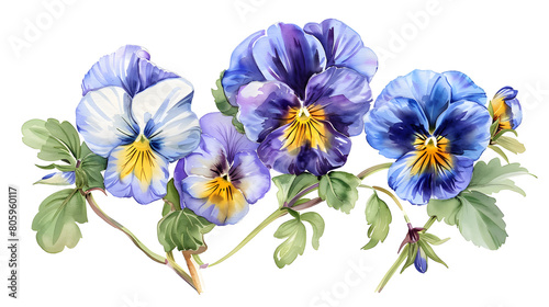 Bouquet of the blue garden tricolor pansy flower (Viola tricolor, viola arvensis, heartsease, violet, kiss-me-quick) Hand drawn botanical watercolor painting illustration isolated on white background  © Ziyan Yang