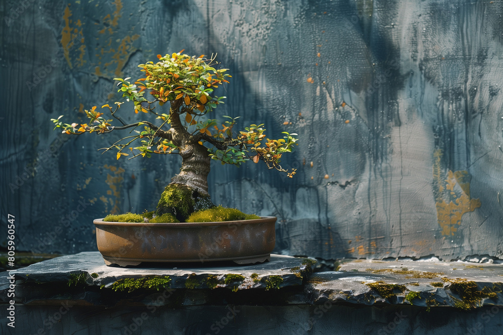 Japanese bonsai tree in old concrete pot on grey wall stand on stone table in interior design decoration, appliance Japanese bonsai tree in old concrete pot on grey wall stand on stone table in interior design decoration, appliance
