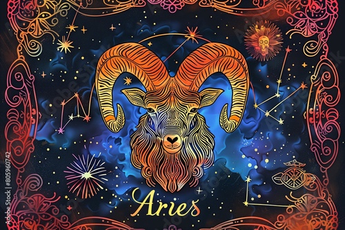 Astrology Aries zodiac sign with title "Aries" Bull head. Zodiac constellation