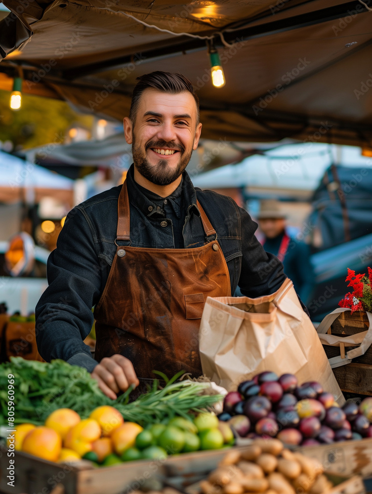 Joyful Caucasian Seller Man Working at Fruit and Vegetable Market, selling wide variety of vegetables in his shop Joyful Caucasian Seller Man Working at Fruit and Vegetable Market, selling wide variety of vegetables in his shop