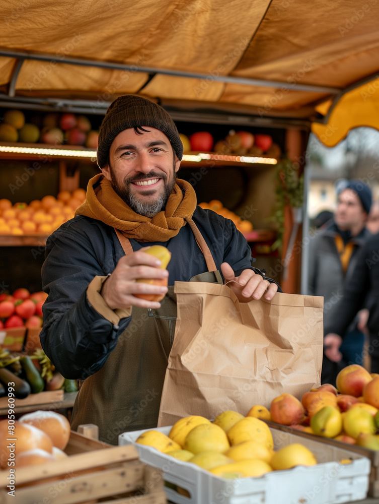 Friendly street seller of sustainable fruits and vegetables holds out a paper bag of fruits to a customer, Small Farm Market Business Friendly street seller of sustainable fruits and vegetables holds out a paper bag of fruits to a customer, Small Farm Market Business