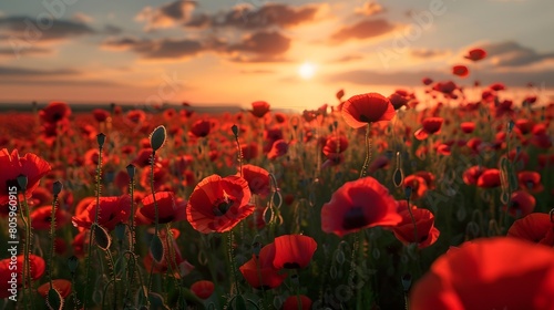 A field of red poppies at sunset, with the sun low on the horizon and casting a warm glow over the scene. The poppies are in full bloom, creating a sea of red and white
