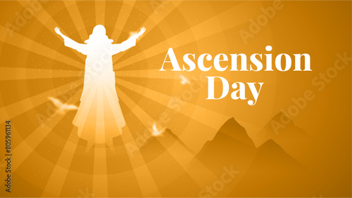 Ascension Day digital banner design with Jesus Christ in the sky vector illustration. Illustration of the ascension of Jesus Christ. Jesus in radiance with a halo. Jesus Web banner design.