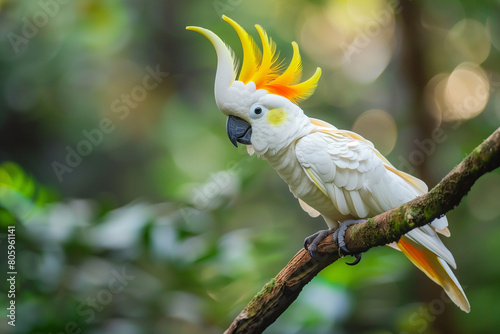 Yellow-Crested Cockatoo Bird on a branch of tree photo