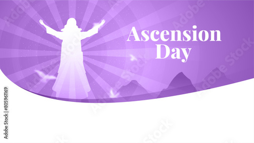 Ascension Day Purple digital banner design with Jesus Christ in the sky vector illustration. Illustration of the ascension of Jesus Christ. Jesus in radiance with a halo. Jesus Web banner design.