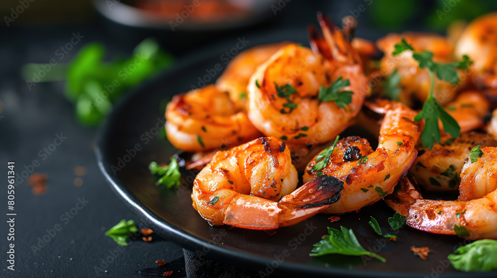 Fried or grilled shrimp with herbs on a black plate over a dark background, copy space concept for healthy food and cuisine idea Fried or grilled shrimp with herbs on a black plate over a dark background, copy space concept for healthy food and cuisine idea