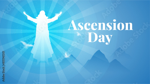 Ascension Day blue digital banner design with Jesus Christ in the sky vector illustration. Illustration of the ascension of Jesus Christ. Jesus in radiance with a halo. Jesus Web banner design.