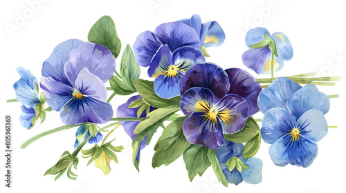 Bouquet of the blue garden tricolor pansy flower (Viola tricolor, viola arvensis, heartsease, violet, kiss-me-quick) Hand drawn botanical watercolor painting illustration isolated on white background 