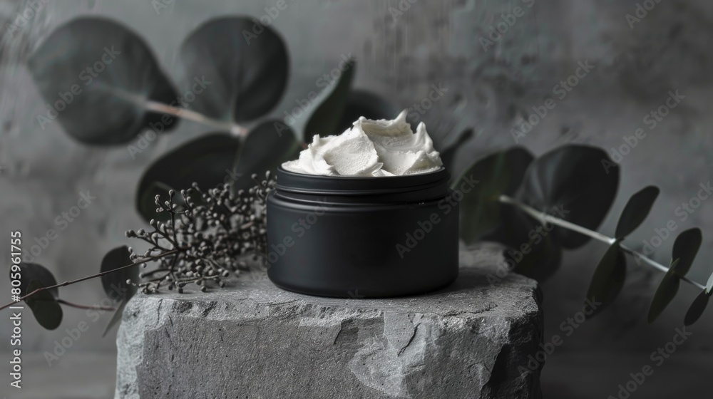 Luxurious Skincare Cream in Elegant Black Jar with Natural Greenery Background Luxurious Skincare Cream in Elegant Black Jar with Natural Greenery Background