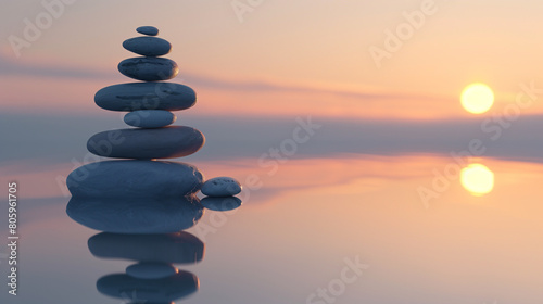 A cairn of smooth stones delicately balanced atop one another stands in still water at sunrise. The serene lake mirrors the warm hues of dawn, evoking a sense of tranquility and mindfulness