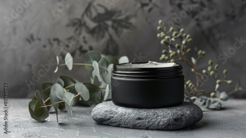 Elegant Cosmetic Cream Jar on a Stone with Eucalyptus Decoration on Textured Background