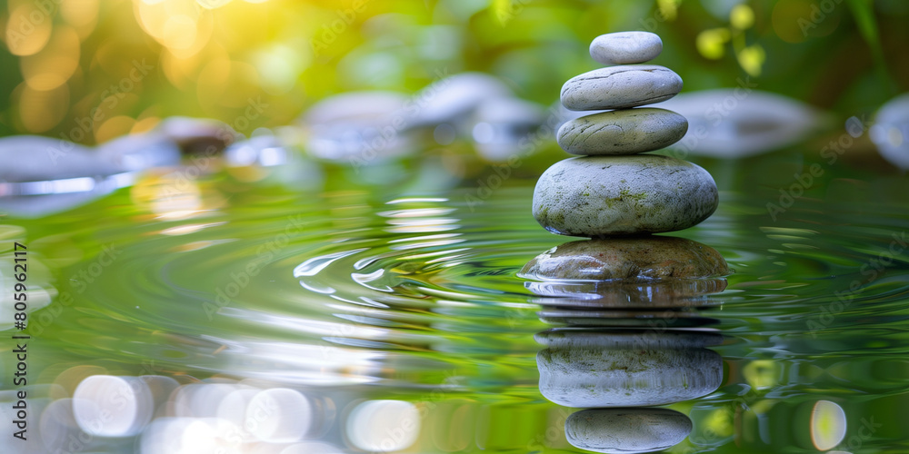 In a tranquil setting,a serene lake reflects the peaceful sky overhead.Standing gracefully at the water's edge are smooth stones delicately balanced on top of each other, forming an iconic zen balance In a tranquil setting,a serene lake reflects the peaceful sky overhead.Standing gracefully at the water's edge are smooth stones delicately balanced on top of each other, forming an iconic zen balance