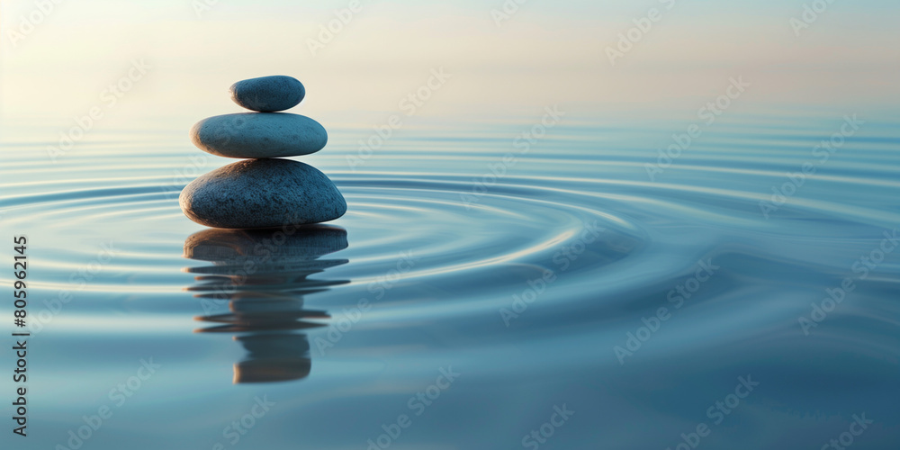 In a tranquil setting,a serene lake reflects the peaceful sky overhead.Standing gracefully at the water's edge are smooth stones delicately balanced on top of each other, forming an iconic zen balance