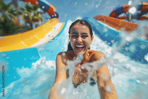 Happy laughing young woman sliding down on a water slide in a water park with a splashes of water