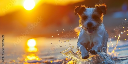 Jack Russell Terriers having fun on the beach at sunset, splashing in the water. Concept Dog Photography, Beach Fun, Sunset Moments, Pet Portraits, Jack Russell Terriers