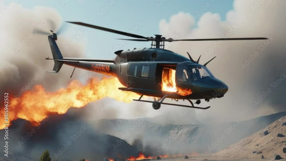 Burning military helicopter in the sky falling down and crashing Burning military helicopter in the sky falling down and crashing