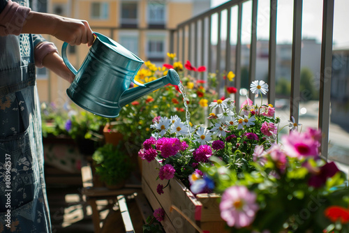 woman watering flower plants on the balcony from a watering can