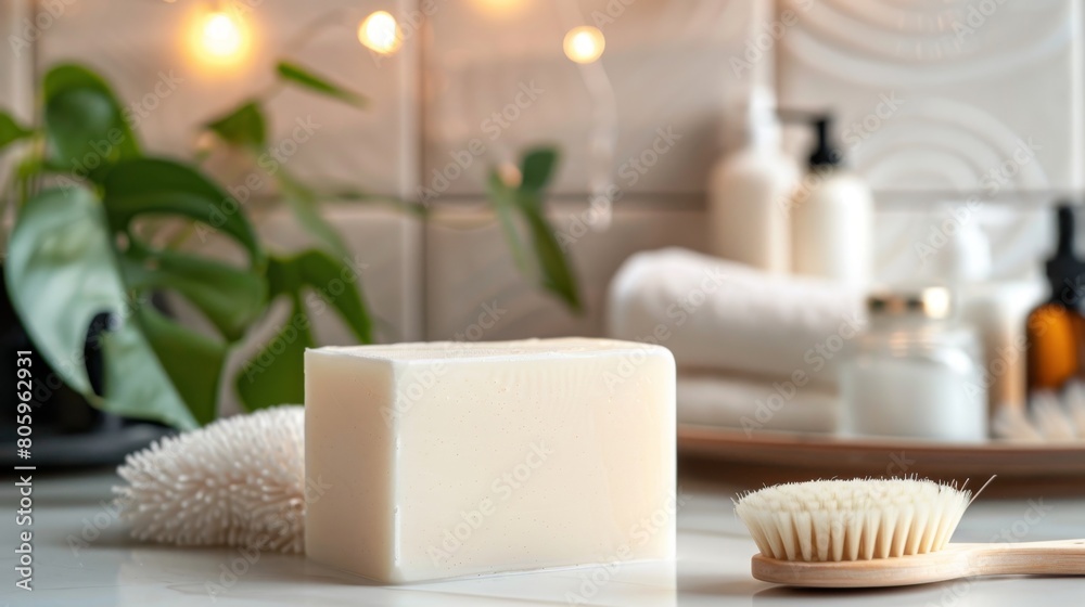 Elegant Natural Soap Bar on Bathroom Counter with Brush and Plants Elegant Natural Soap Bar on Bathroom Counter with Brush and Plants