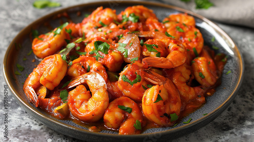  plate of juicy, perfectly cooked shrimp in vibrant red sauce with herbs and spices on top. The dish is presented against a grey marble background © Ron