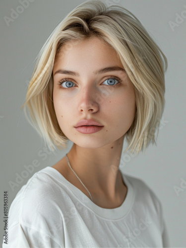 A half-body portrait of a Polish female high-fashion model with blonde hair, age 20-25, bob cut hair, blue eyes, classic beauty, in white T-shirt, in gray background