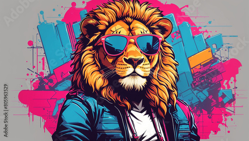 a drawing of a lion wearing sunglasses and a blue and pink jacket against a background of bright colors.

 photo