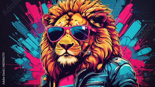 a drawing of a lion wearing sunglasses and a blue and pink jacket against a background of bright colors.