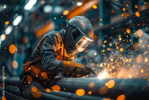 Welder at work in industrial factory, welding steel amid sparks. Construction and metal manufacture in industrial setting.