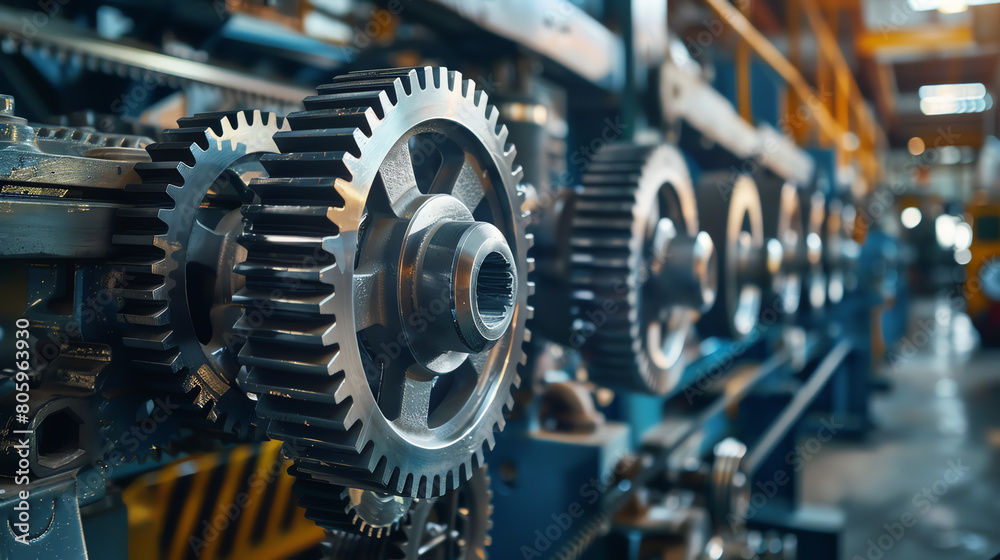 A close up of a gear train in a factory setting.
