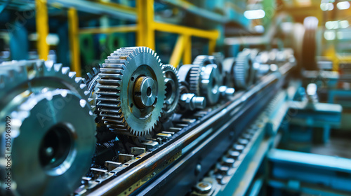 A close up of a gear train in a factory setting.