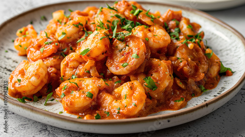 plate of perfectly sautéed shrimp in a paprika sauce, garnished with fresh herbs and centered on the side for an appealing presentation © Ron