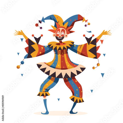 Jester dancing joyfully, colorful costume, harlequin performing carnival, entertainer. Happy clown juggling, bright outfit, festive character illustration, circus theme. Cartoon jester cheerful