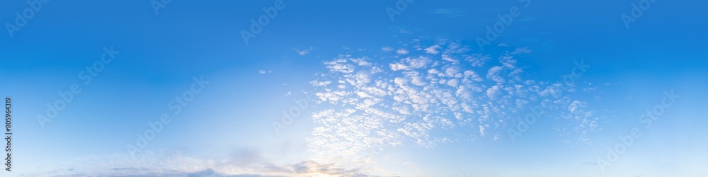 360 panorama of glowing sunset sky with bright Cirrus clouds. Seamless hdr spherical 360 panorama. Sky dome in 3D visualization, sky replacement for aerial drone panoramas. Weather and climate change.