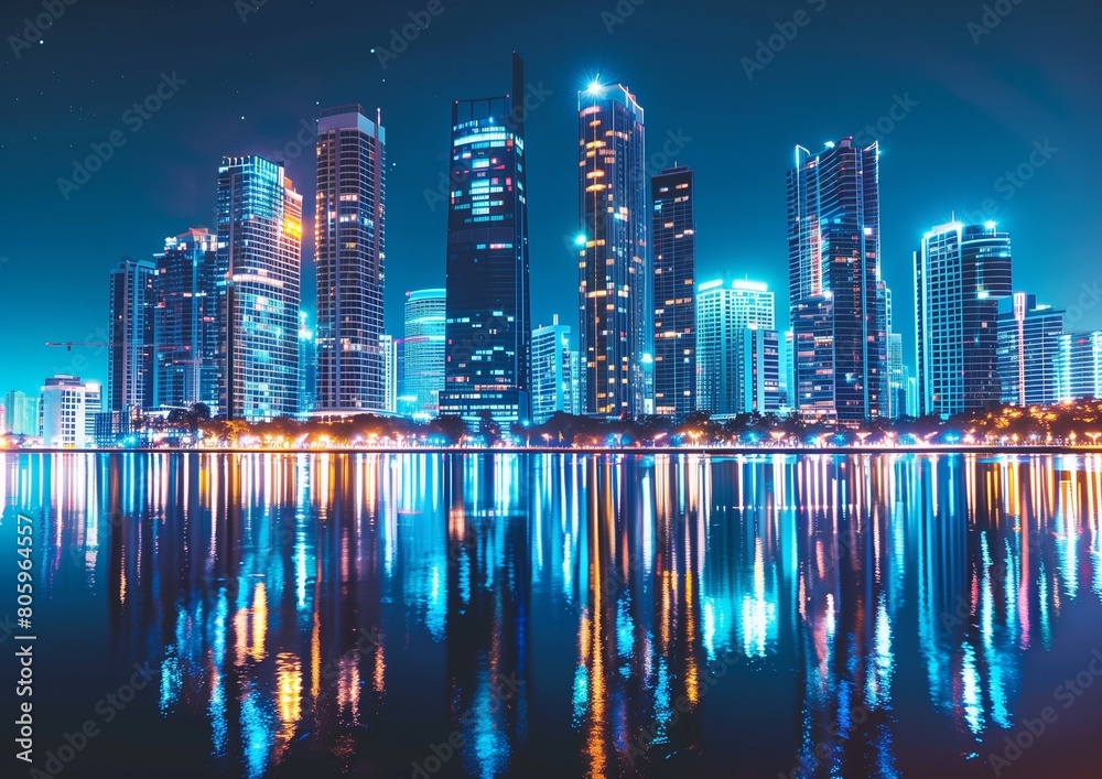 Fototapeta premium Vibrant Night Cityscape Reflections on Water Skyscraper Lights