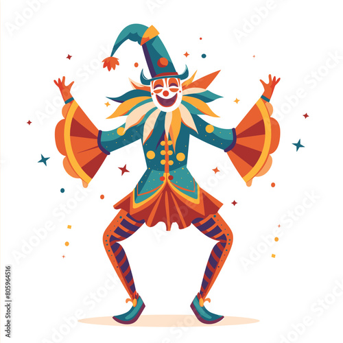 Colorful jester dancing merrily, festive costume, entertainer perform carnival. Vibrant harlequin mask, pointy hat, bells, joyful celebration. Illustration festive character, performance, cheerful