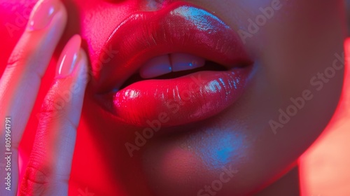 Sensual Red Lips and Feminine Hand in Vivid Neon Lighting