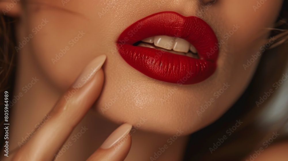 Fototapeta premium Woman's Red Lipstick and Elegant Manicure